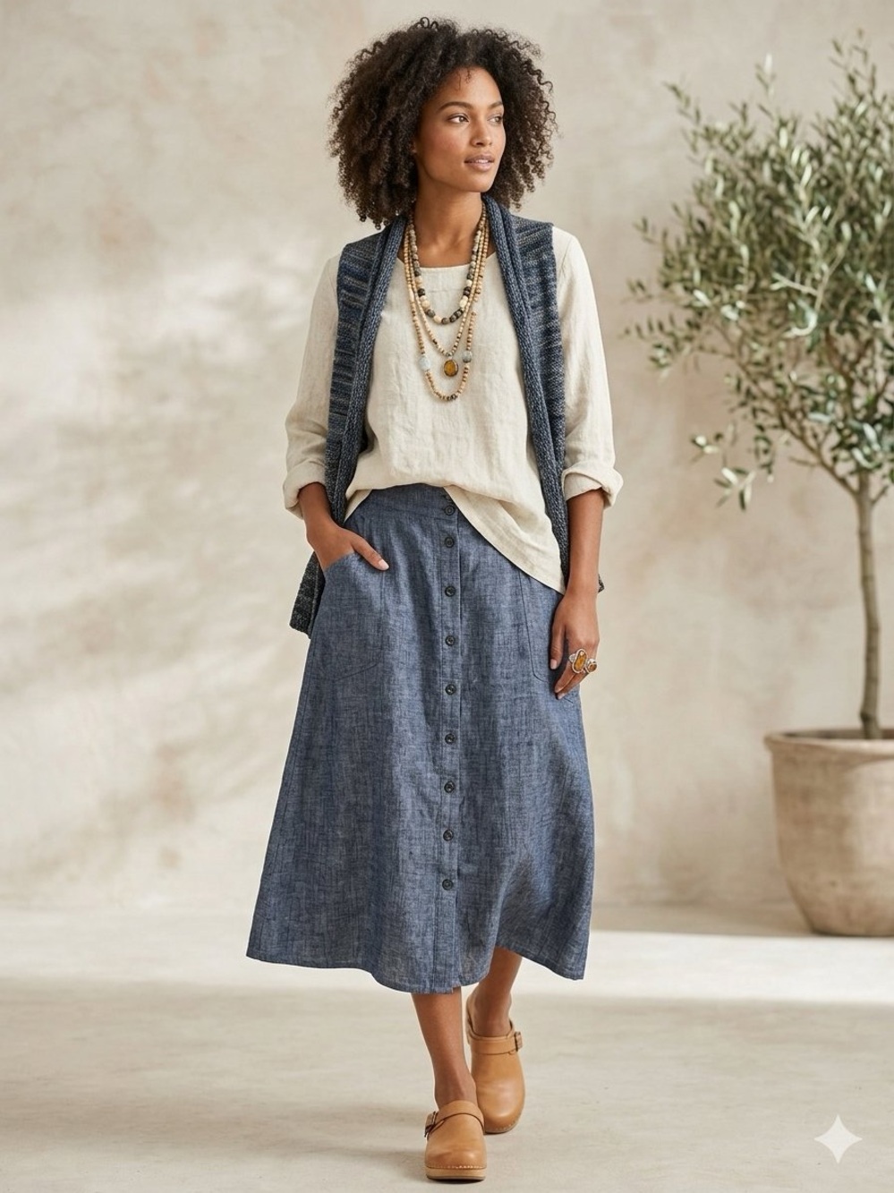 VTG Flax Linen Full Button Front Blue Chambray Midi Skirt Lagenlook Size Large